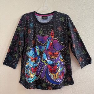 Laurel Burch Womens XL Dog Butterfly Graphic Art 3/4 Sleeve Black T-Shirt